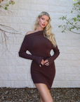 Erin Cold Brew Dress in Chocolate, featuring a sleek cold shoulder design, body-hugging fit, and a rich chocolate brown tone. Crafted with a modern silhouette and luxurious fabric, this dress is perfect for evening events, date nights, or special occasions.