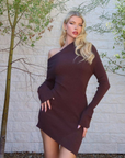 Erin Cold Brew Dress in Chocolate, featuring a sleek cold shoulder design, body-hugging fit, and a rich chocolate brown tone. Crafted with a modern silhouette and luxurious fabric, this dress is perfect for evening events, date nights, or special occasions.