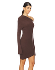 Erin Cold Brew Dress in Chocolate, featuring a sleek cold shoulder design, body-hugging fit, and a rich chocolate brown tone. Crafted with a modern silhouette and luxurious fabric, this dress is perfect for evening events, date nights, or special occasions.