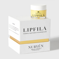 Nubyén Lipfilá lip plumping elixir shown with its white outer box, a gold inner tray, and the open jar placed on top. BEST SELLER
