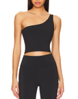 A sleek, black one-shoulder sports bra with a minimalist design, showcasing Nubyen's logo on the band. The bra features a supportive fit and a smooth, seamless finish, perfect for stylish workouts or athleisure wear.