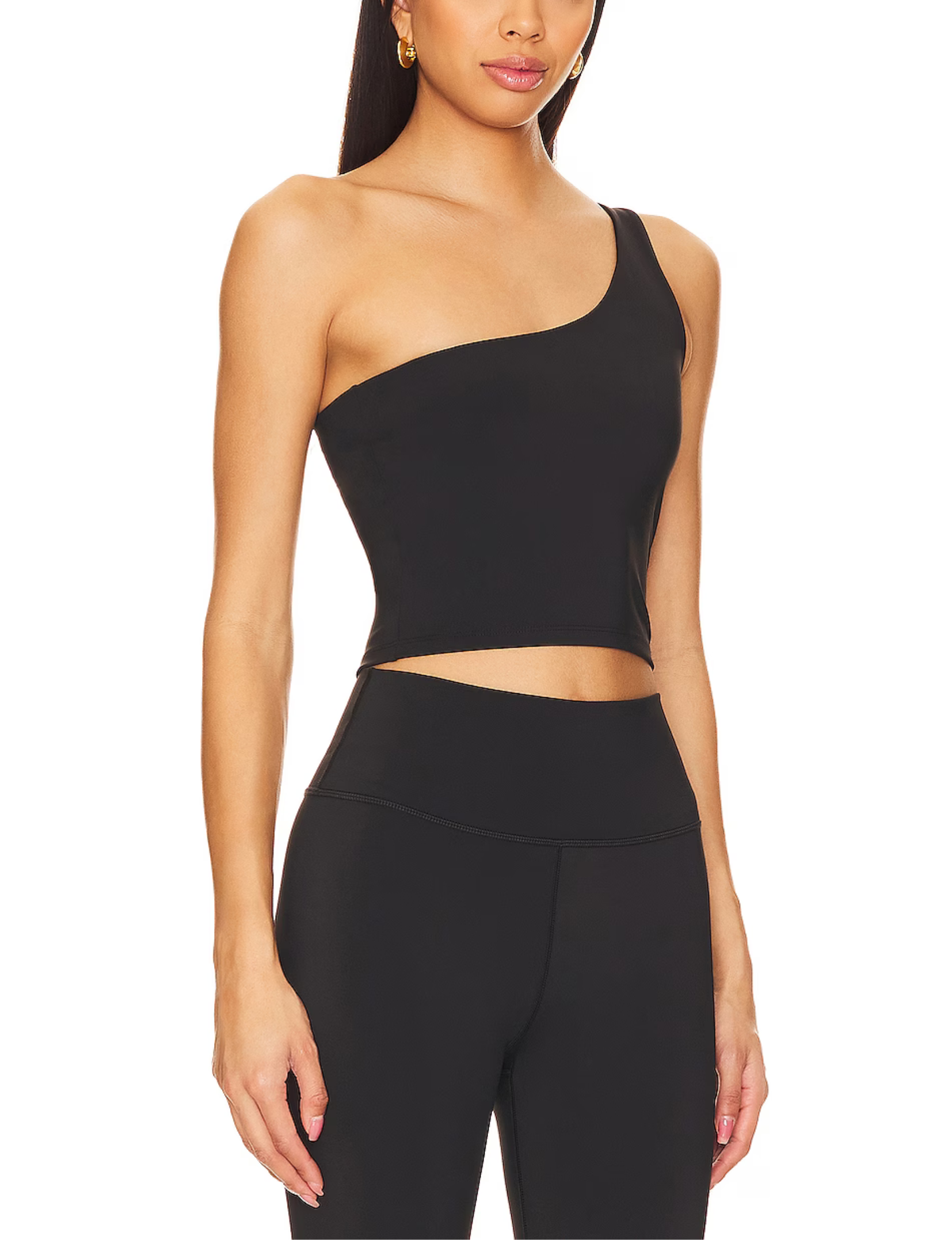 A sleek, black one-shoulder sports bra with a minimalist design, showcasing Nubyen's logo on the band. The bra features a supportive fit and a smooth, seamless finish, perfect for stylish workouts or athleisure wear.