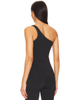 A sleek, black one-shoulder sports bra with a minimalist design, showcasing Nubyen's logo on the band. The bra features a supportive fit and a smooth, seamless finish, perfect for stylish workouts or athleisure wear.