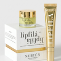 Nubyen lipfilá Advanced Lip Plumping Adaptogen Elux set, featuring a white and gold jar of lip plumping cream, a white and gold squeeze tube, and their corresponding packaging boxes on a clean white background.