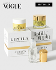 Nubyén Lipfila cosmetic set featuring a white cream jar with a gold lid, a clear roll-on bottle with a silver cap, and a gold cap, arranged in front of white and gold branded boxes on a light gray background.