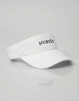 White NUBYÉN premium cotton visor featuring embroidered logo, curved brim and adjustable fit for women's luxury sportswear and everyday wear.