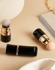 Nubyen Minimalist Vegan 3-in-1 Face Brush, ultra-soft and sustainable, for flawless foundation, setting powder, and contour application. Compact, eco-friendly makeup tool, cruelty-free and vegan.