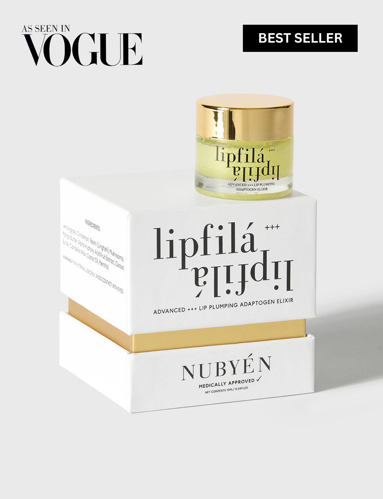 Experience visibly fuller lips with Nubyen Lip Filá+ Adaptogen Plumping Balm. Enriched with natural menthol, cinnamon, marine algae collagen, and hyaluronic acid for hydration, volume, and a plump, smooth finish. Vegan, cruelty-free, and clean beauty formula free of parabens, sulfates, and phthalates. Suitable for use with or without lip fillers. Achieve a naturally enhanced pout effortlessly
