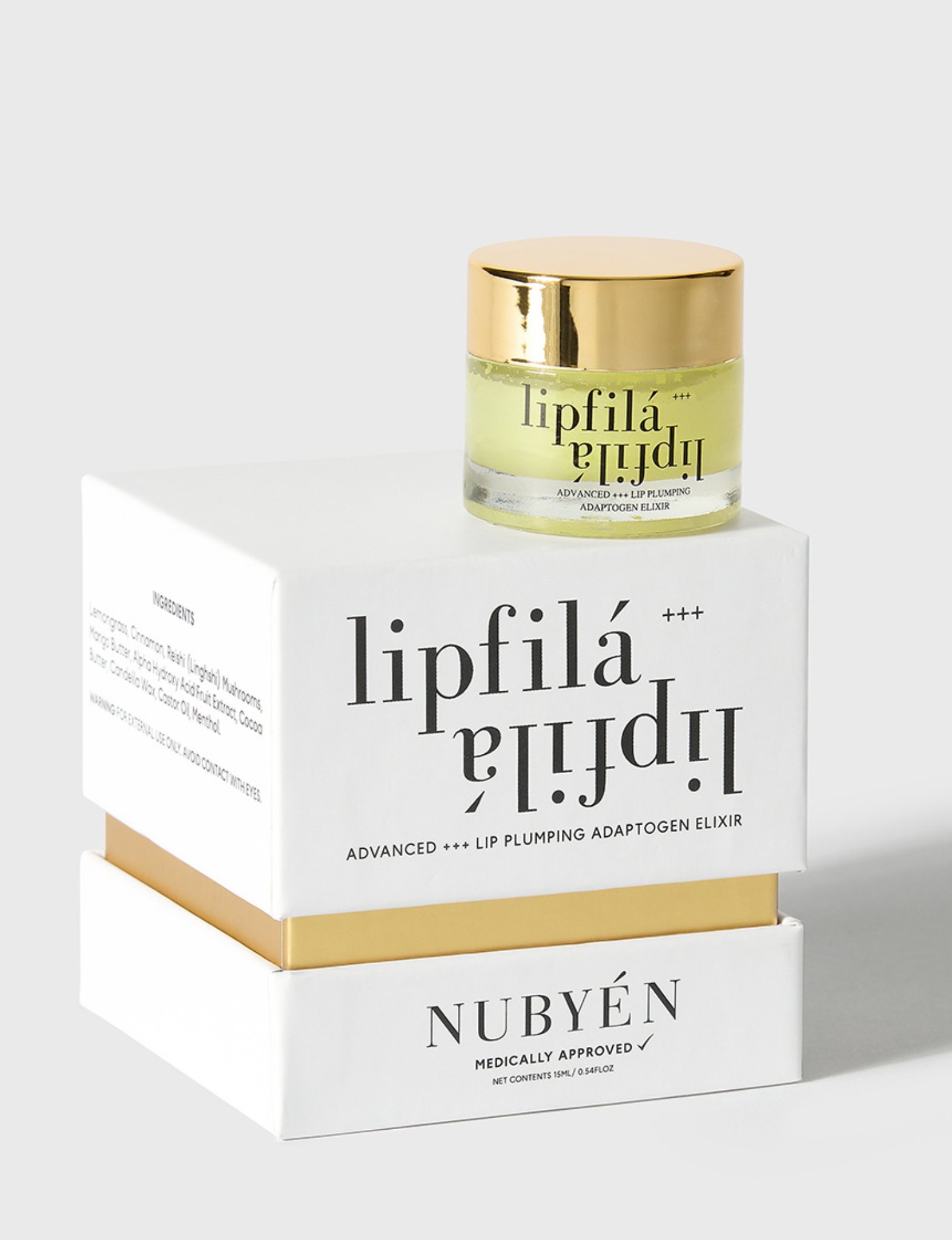 Experience visibly fuller lips with Nubyen Lip Filá+ Adaptogen Plumping Balm. Enriched with natural menthol, cinnamon, marine algae collagen, and hyaluronic acid for hydration, volume, and a plump, smooth finish. Vegan, cruelty-free, and clean beauty formula free of parabens, sulfates, and phthalates. Suitable for use with or without lip fillers. Achieve a naturally enhanced pout effortlessly