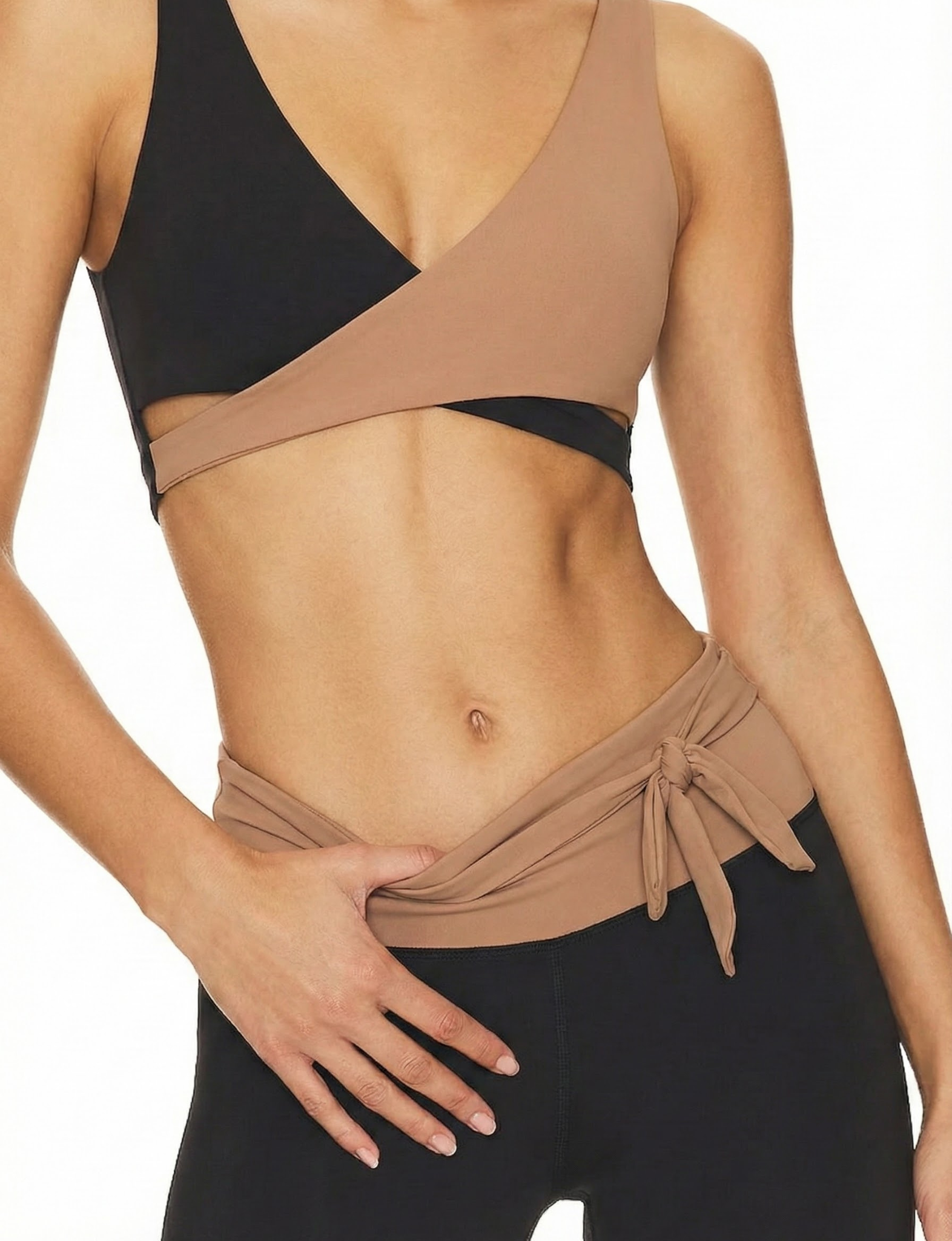 Model wearing Nubyen Abundance  Vigo Tie-Up Leggings flattering high-rise sculpt leggings with adjustable tie waist for Pilates, gym, and everyday athleisure leggings 