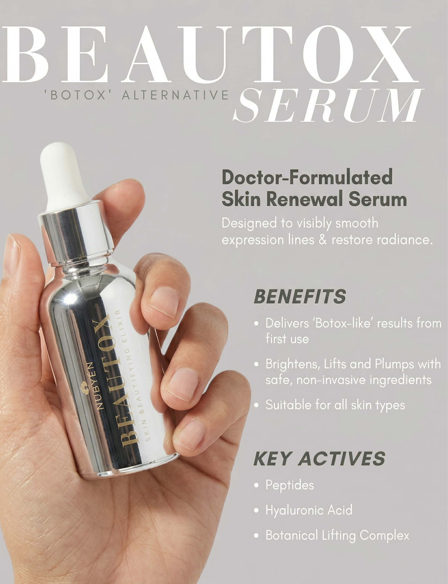 Beautox natural alternative to Botox, vegan skin enhancement serum with Niacinamide, adaptogen amino complexes, and recyclable glass packaging, designed for glowing, lifted skin. Suitable for all skin types.