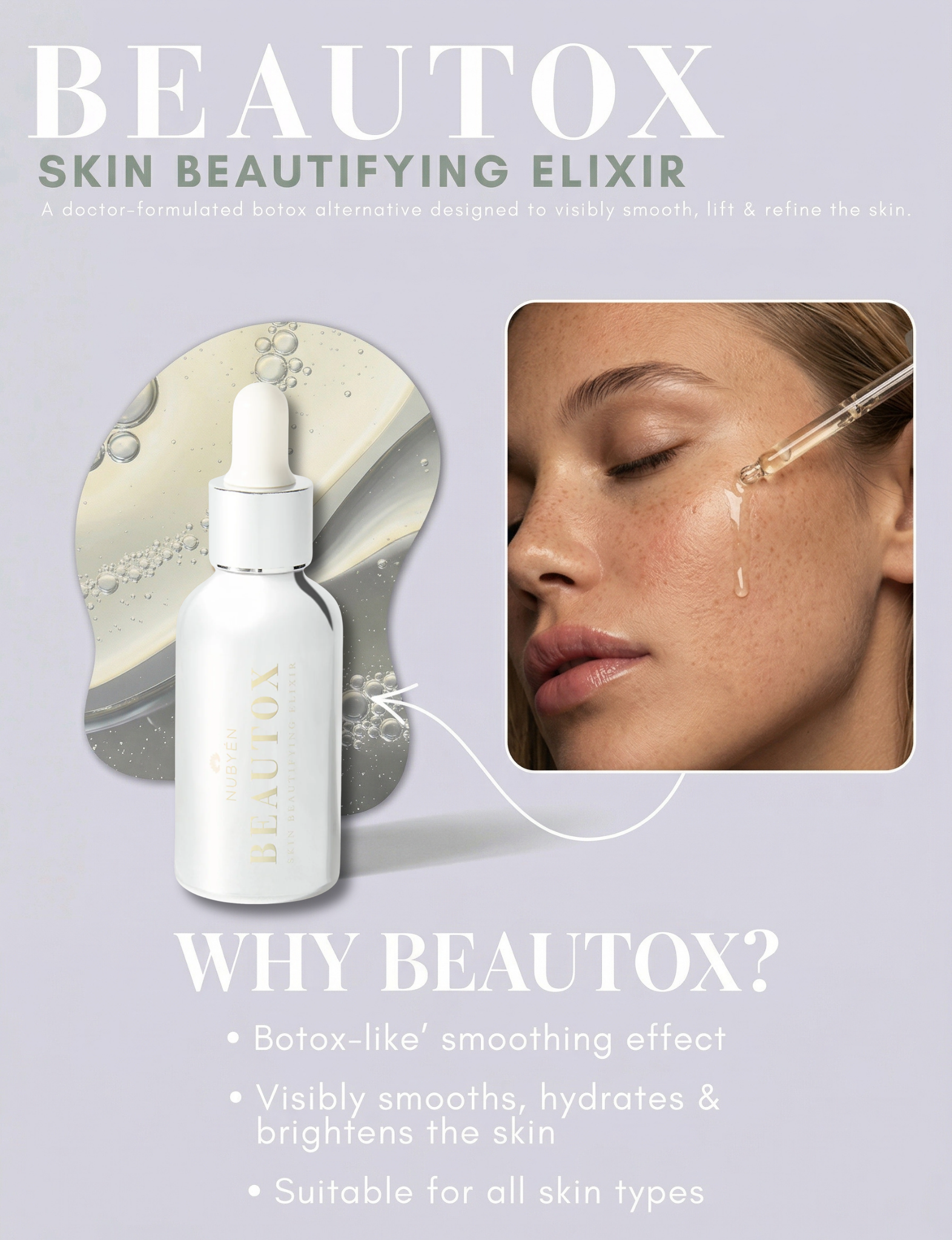 Beautox natural alternative to Botox, vegan skin enhancement serum with Niacinamide, adaptogen amino complexes, and recyclable glass packaging, designed for glowing, lifted skin. Suitable for all skin types.