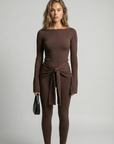 Romy Knit Pants in chocolate brown, featuring a high-waisted fit, soft knit fabric, and a front-tie detail for a stylish and comfortable look. Perfect for casual or elevated cozy outfits
