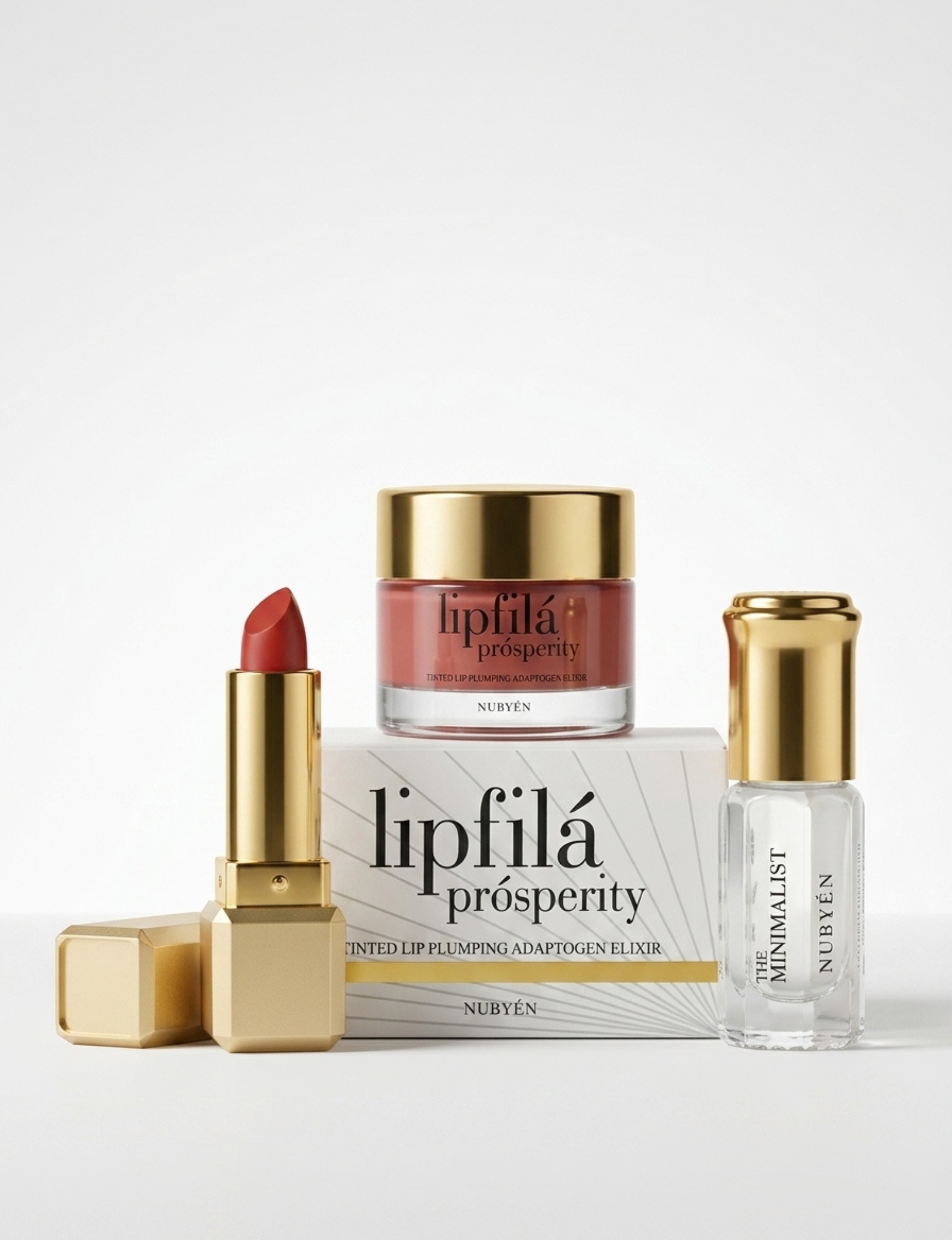 A luxury skincare and lip care set featuring a red lipstick, a gold-lidded jar of lipfilá prosperity cream, a clear bottle of the Minimalist Sunscreen, and their white and gold packaging boxes, arranged on a clean white background.