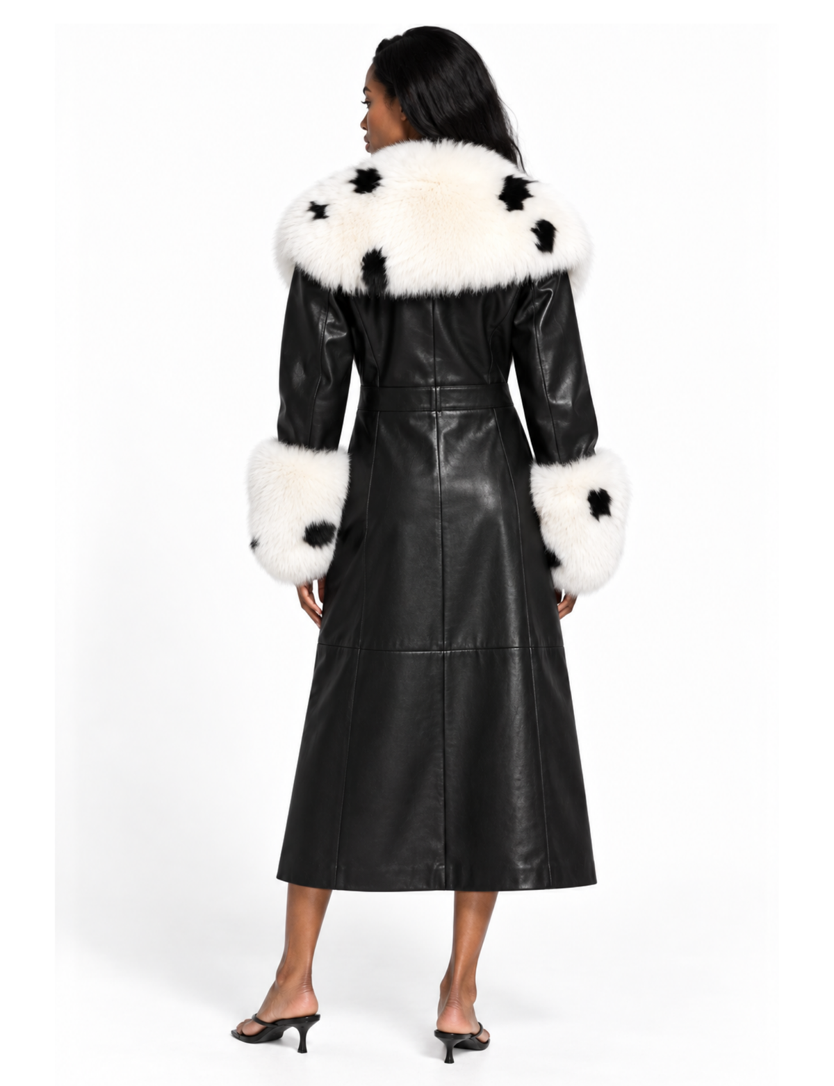 Black mid-length trench coat with a dramatic fluffy cream fur collar.