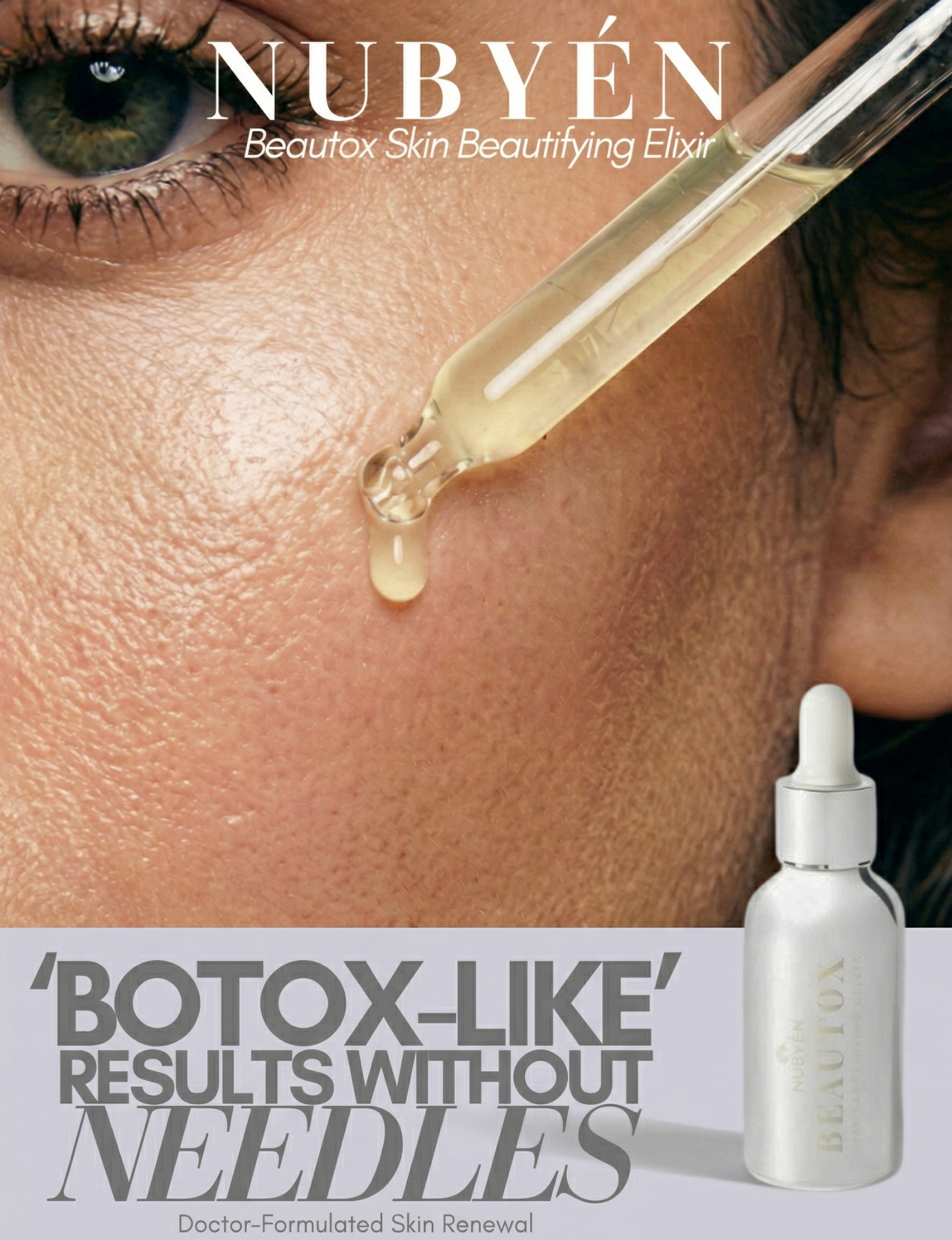 Beautox natural alternative to Botox, vegan skin enhancement serum with Niacinamide, adaptogen amino complexes, and recyclable glass packaging, designed for glowing, lifted skin. Suitable for all skin types.