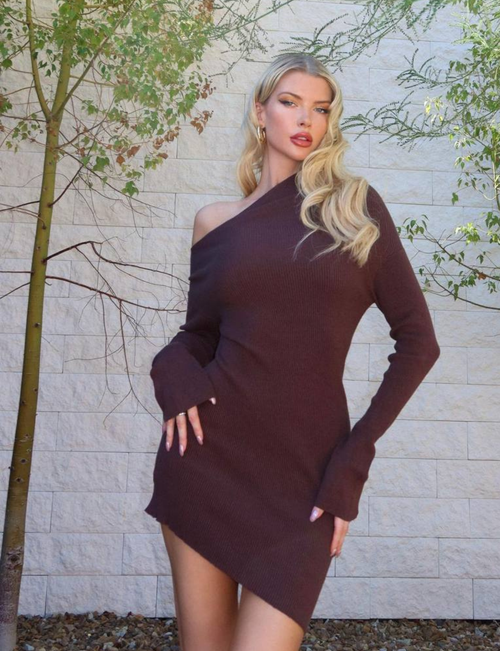 Erin Cold Brew Dress in Chocolate, featuring a sleek cold shoulder design, body-hugging fit, and a rich chocolate brown tone. Crafted with a modern silhouette and luxurious fabric, this dress is perfect for evening events, date nights, or special occasions.