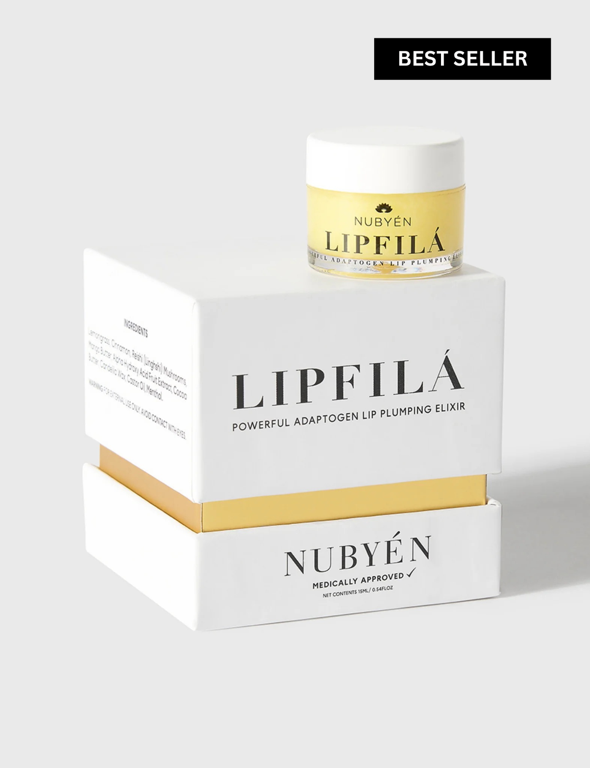 Nubyén Lipfilá lip plumping elixir shown with its white outer box, a gold inner tray, and the open jar placed on top. BEST SELLER