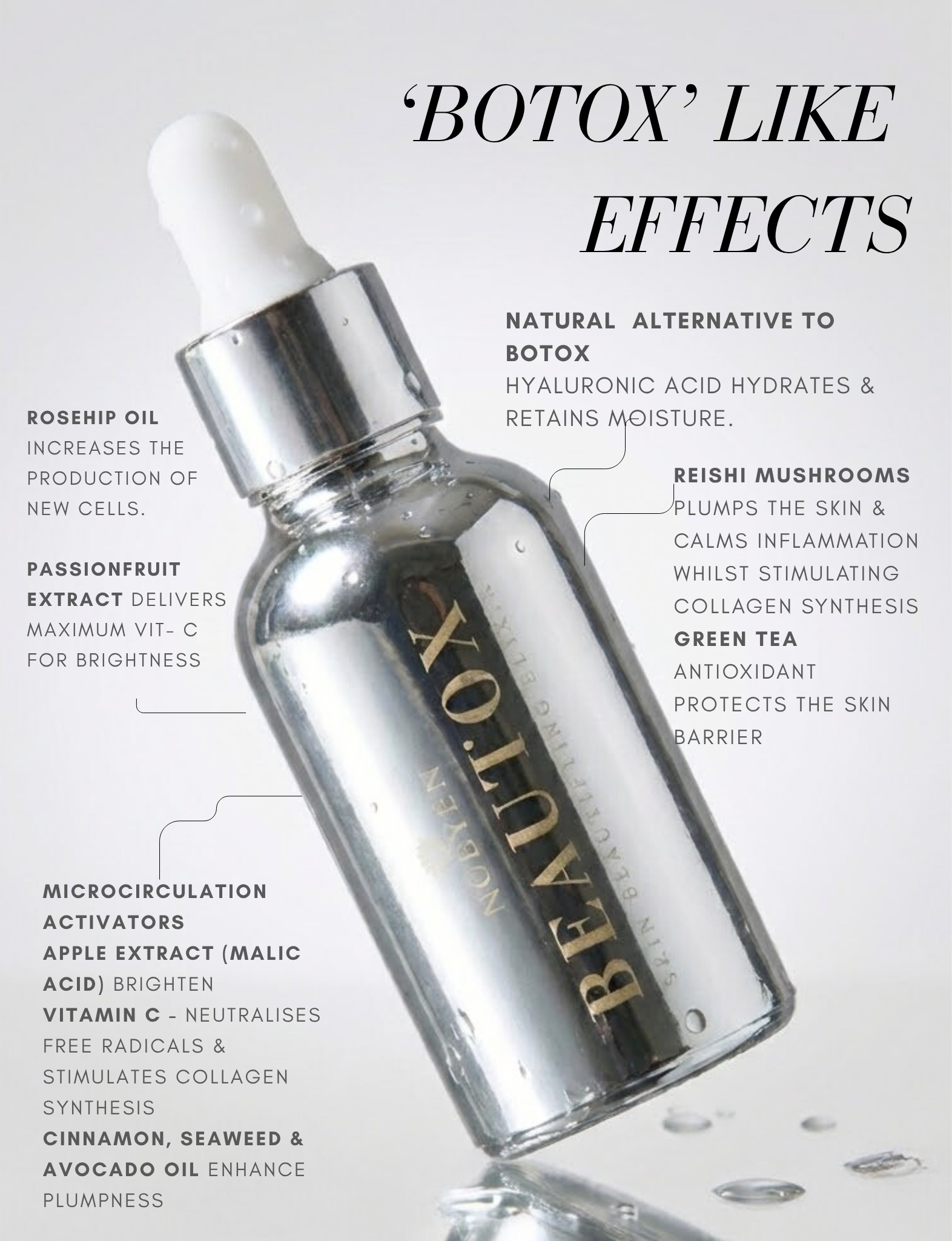 Beautox natural alternative to Botox, vegan skin enhancement serum with Niacinamide, adaptogen amino complexes, and recyclable glass packaging, designed for glowing, lifted skin. Suitable for all skin types.