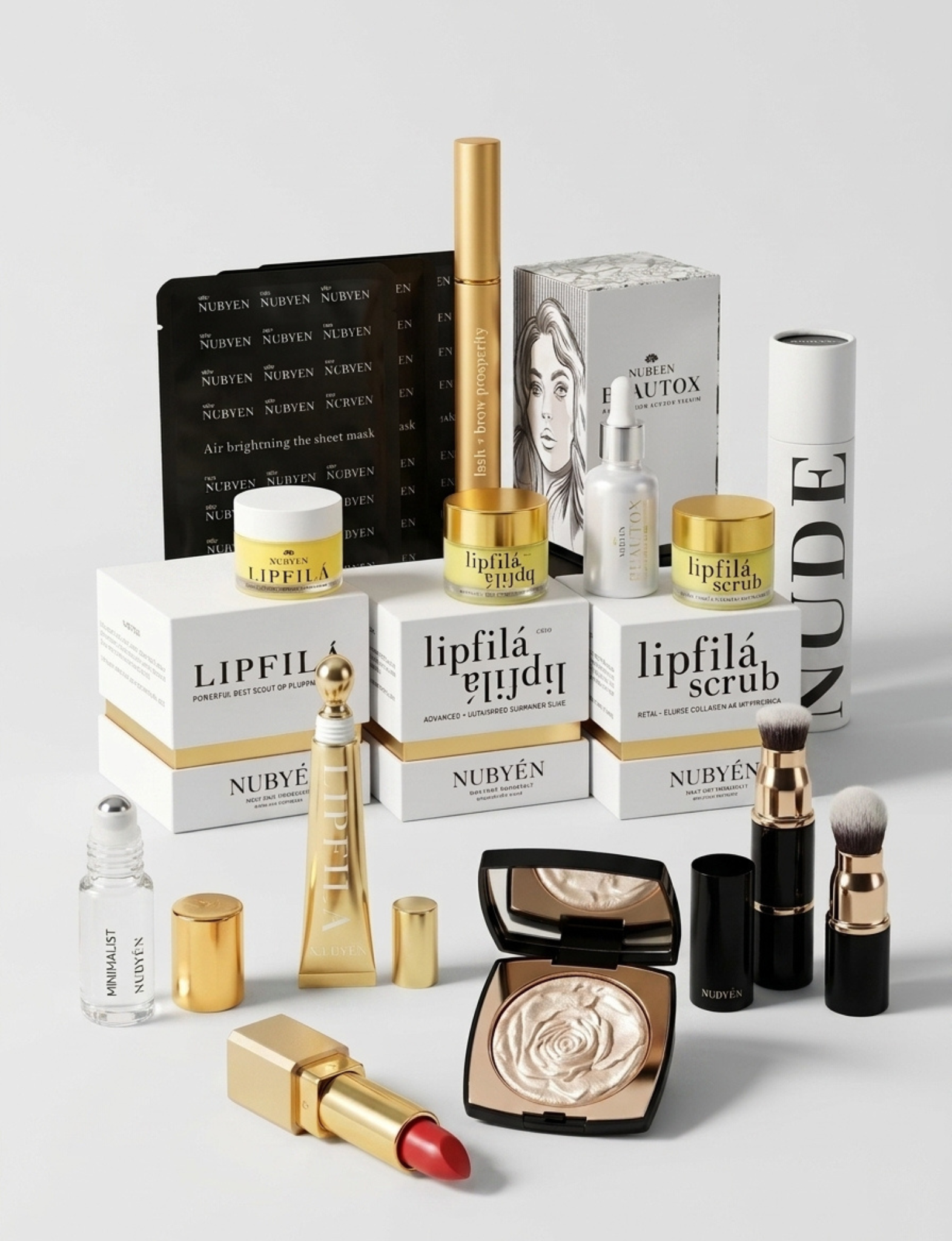 A luxury makeup and skincare set featuring Nubyen Lipfila products, including lip scrub, lip gloss, lipsticks, a bronzer, and brushes, arranged on a light gray background.