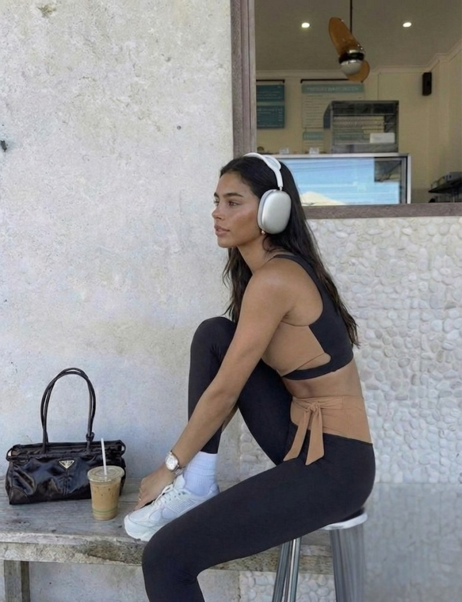 Model wearing Nubyen Abundance  Vigo Tie-Up Leggings flattering high-rise sculpt leggings with adjustable tie waist for Pilates, gym, and everyday athleisure leggings 