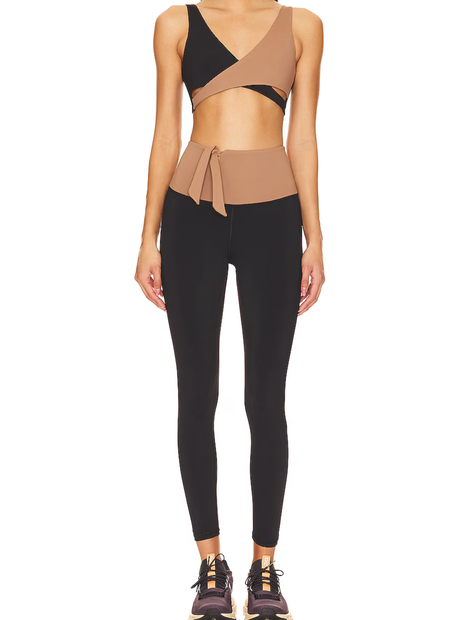 Model wearing Nubyen Alicante Vigo Tie-Up Leggings flattering high-rise sculpt leggings with adjustable tie waist for Pilates, gym, and everyday athleisure leggings 