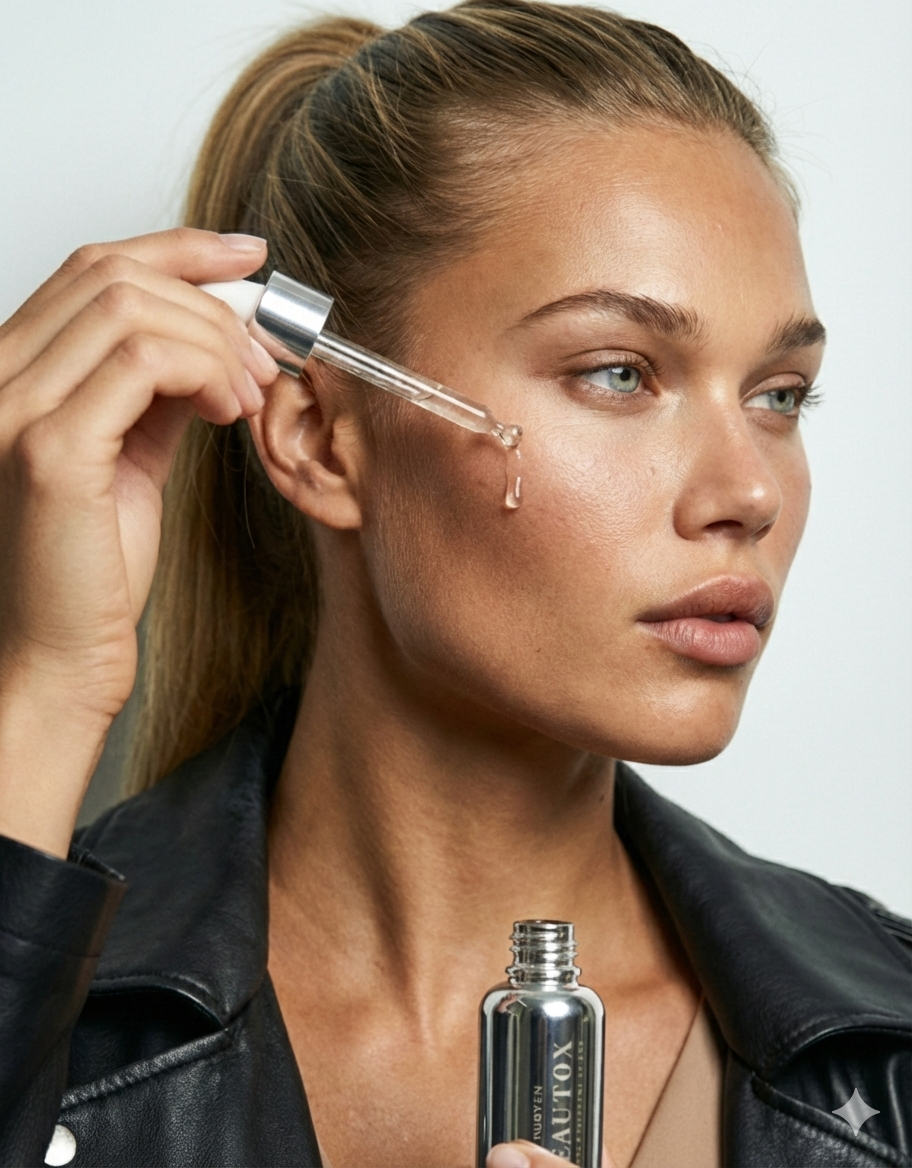 Beautox natural alternative to Botox, vegan skin enhancement serum with Niacinamide, adaptogen amino complexes, and recyclable glass packaging, designed for glowing, lifted skin. Suitable for all skin types.