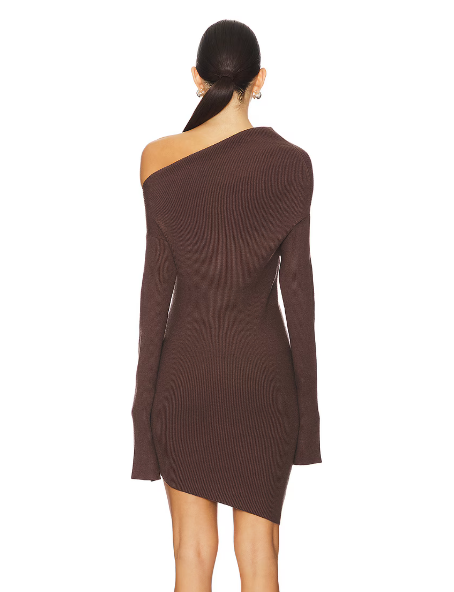 Erin Cold Brew Dress in Chocolate, featuring a sleek cold shoulder design, body-hugging fit, and a rich chocolate brown tone. Crafted with a modern silhouette and luxurious fabric, this dress is perfect for evening events, date nights, or special occasions.