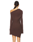 Erin Cold Brew Dress in Chocolate, featuring a sleek cold shoulder design, body-hugging fit, and a rich chocolate brown tone. Crafted with a modern silhouette and luxurious fabric, this dress is perfect for evening events, date nights, or special occasions.