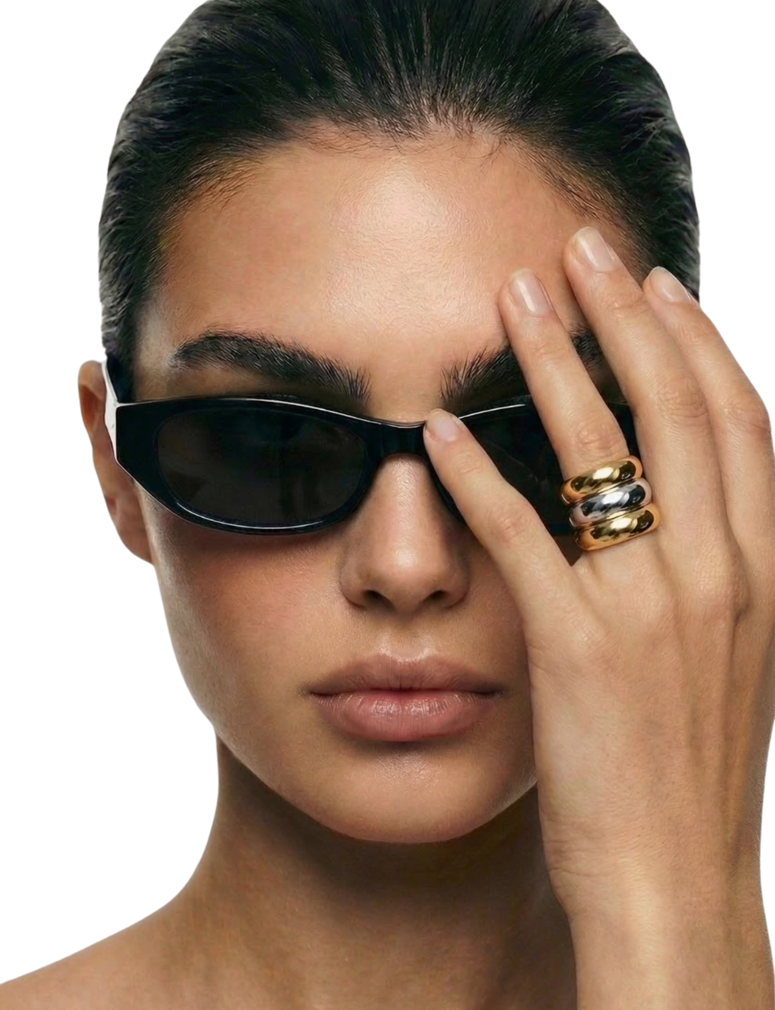Nubyen Joy two tone chain cuff ring in silver and 18k gold plating with sculptural open cuff silhouette
Luxury two tone statement ring by Nubyen featuring mixed metal gold and silver adjustable cuff design
Sculptural gold and silver cuff ring with fluid open-back silhouette by Nubyen