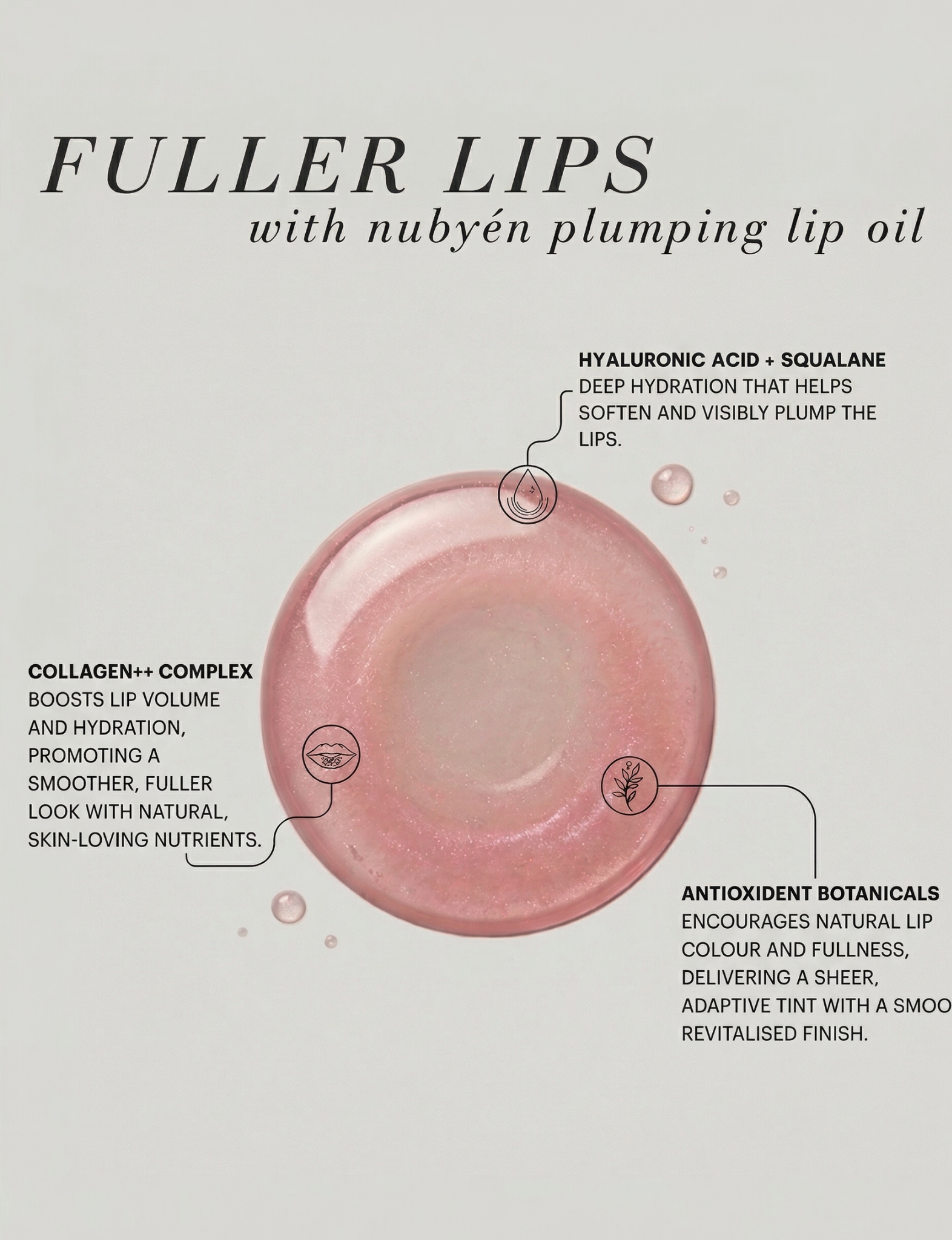 Achieve instant volume with Nubyen Lip Plumping Oil – enriched with marine collagen and AHAs for hydrated, plump lips.