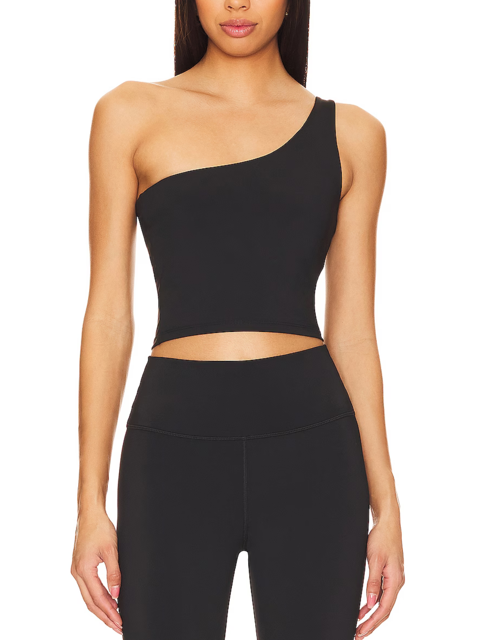 A sleek, black one-shoulder sports bra with a minimalist design, showcasing Nubyen's logo on the band. The bra features a supportive fit and a smooth, seamless finish, perfect for stylish workouts or athleisure wear.