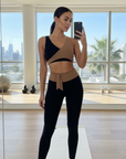 Model wearing Nubyen Abundance  Vigo Tie-Up Leggings flattering high-rise sculpt leggings with adjustable tie waist for Pilates, gym, and everyday athleisure leggings 