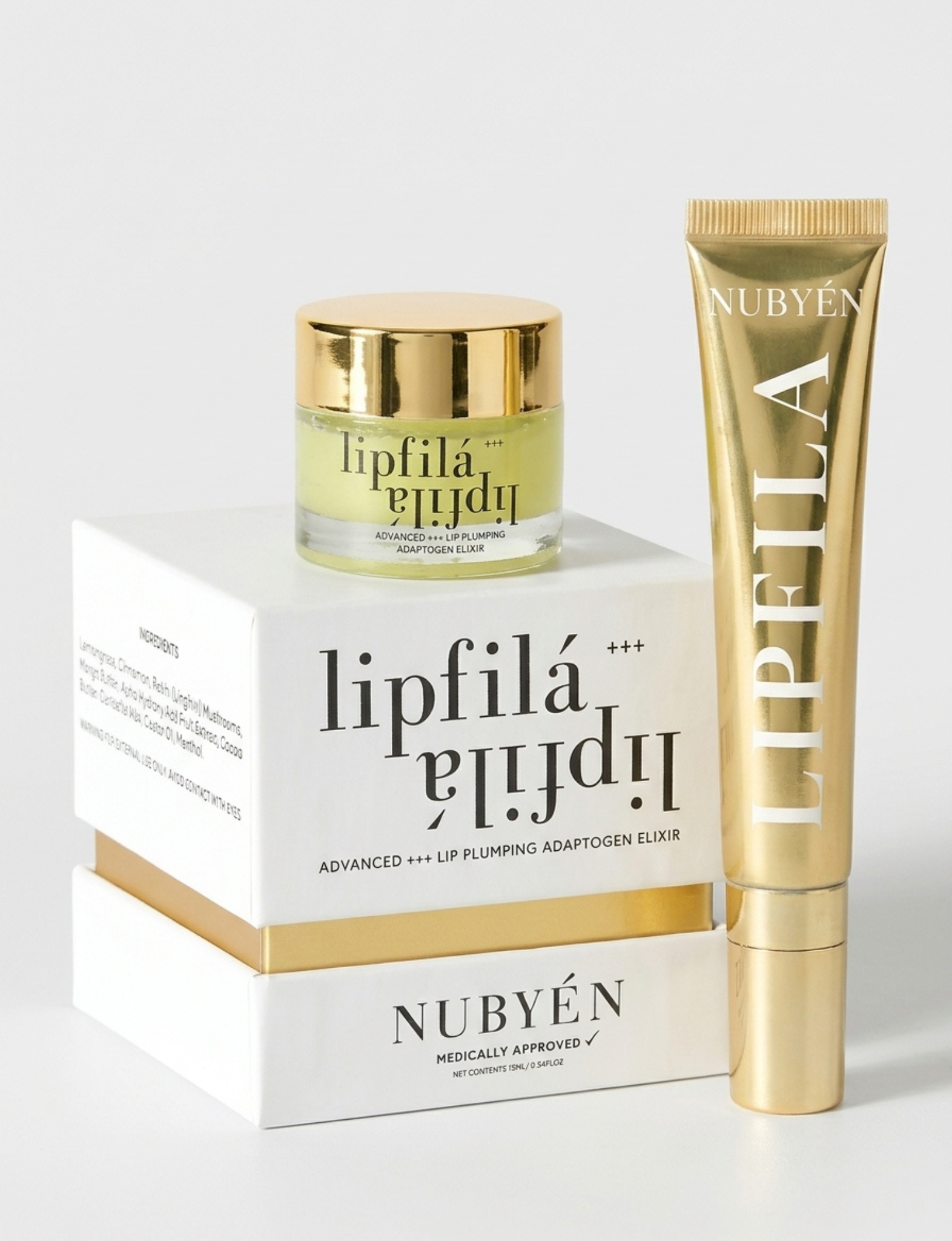 Nubyen lipfilá Advanced Lip Plumping Adaptogen Elux set, featuring a white and gold jar of lip plumping cream, a white and gold squeeze tube, and their corresponding packaging boxes on a clean white background.