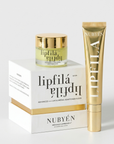 Nubyen lipfilá Advanced Lip Plumping Adaptogen Elux set, featuring a white and gold jar of lip plumping cream, a white and gold squeeze tube, and their corresponding packaging boxes on a clean white background.