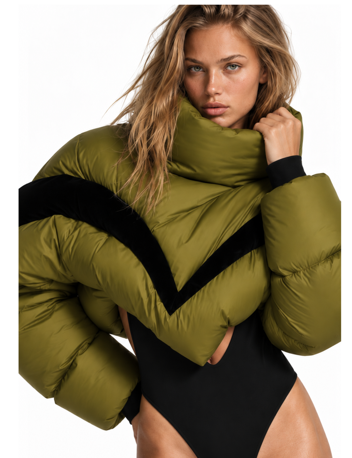 Olive green abstract puffer jacket with an asymmetrical quilted pattern and high collar