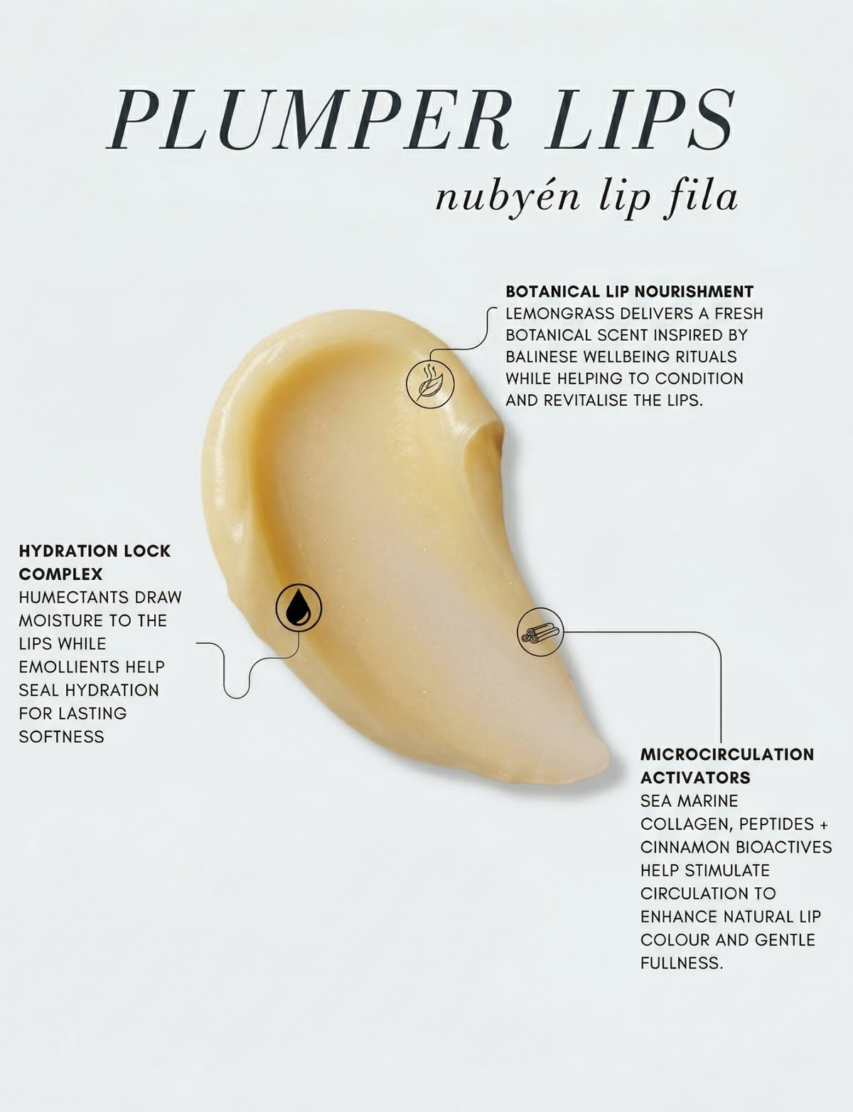 Nubyén Lipfilá lip plumping elixir shown with its white outer box, a gold inner tray, and the open jar placed on top. BEST SELLER