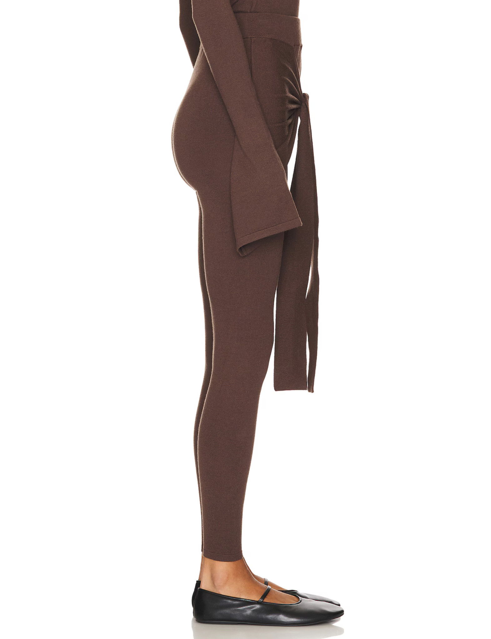 Romy Knit Pants in chocolate brown, featuring a high-waisted fit, soft knit fabric, and a front-tie detail for a stylish and comfortable look. Perfect for casual or elevated cozy outfits