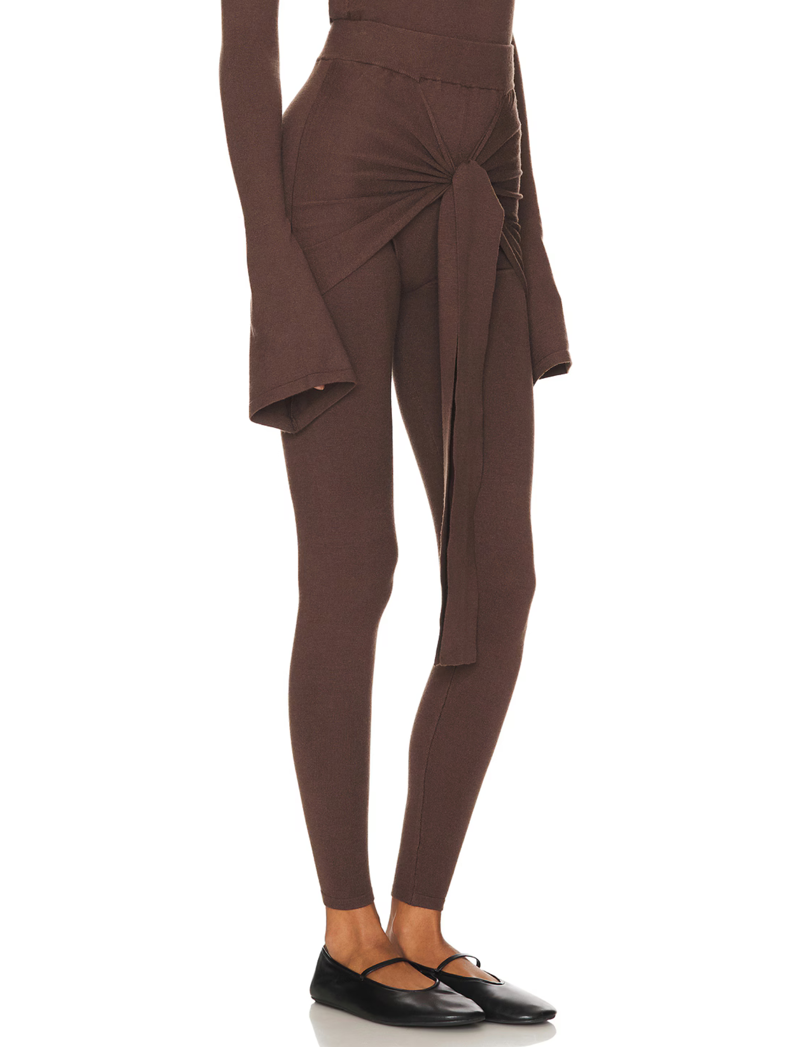 Romy Knit Pants in chocolate brown, featuring a high-waisted fit, soft knit fabric, and a front-tie detail for a stylish and comfortable look. Perfect for casual or elevated cozy outfits