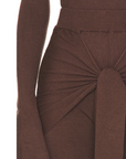 Romy Knit Pants in chocolate brown, featuring a high-waisted fit, soft knit fabric, and a front-tie detail for a stylish and comfortable look. Perfect for casual or elevated cozy outfits