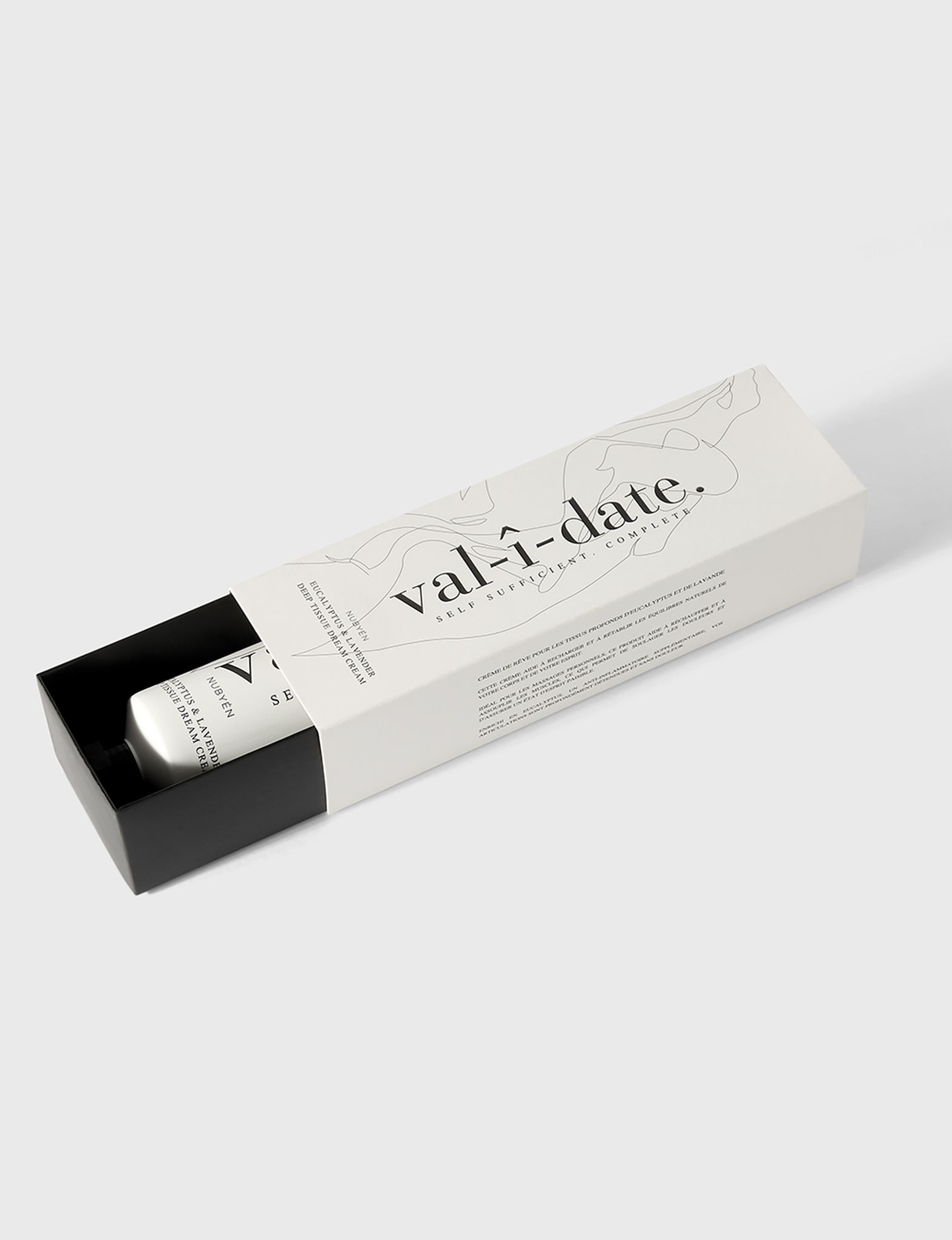 Nubyén Val-î-date Eucalyptus & Lavender Deep Tissue Dream Cream - Soothing moisturizer for muscle tension relief and post-workout recovery. Enriched with natural ingredients like Manuka honey, grape-seed oil, and eucalyptus to brighten, hydrate, and soothe. Vegan, cruelty-free, and sustainable