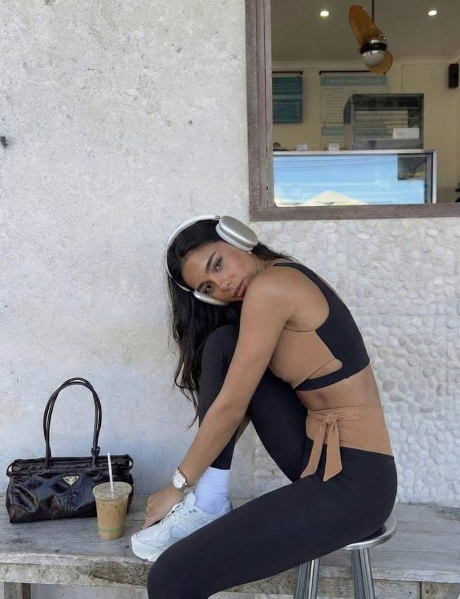 Model wearing Nubyen Abundance  Vigo Tie-Up Leggings flattering high-rise sculpt leggings with adjustable tie waist for Pilates, gym, and everyday athleisure leggings 