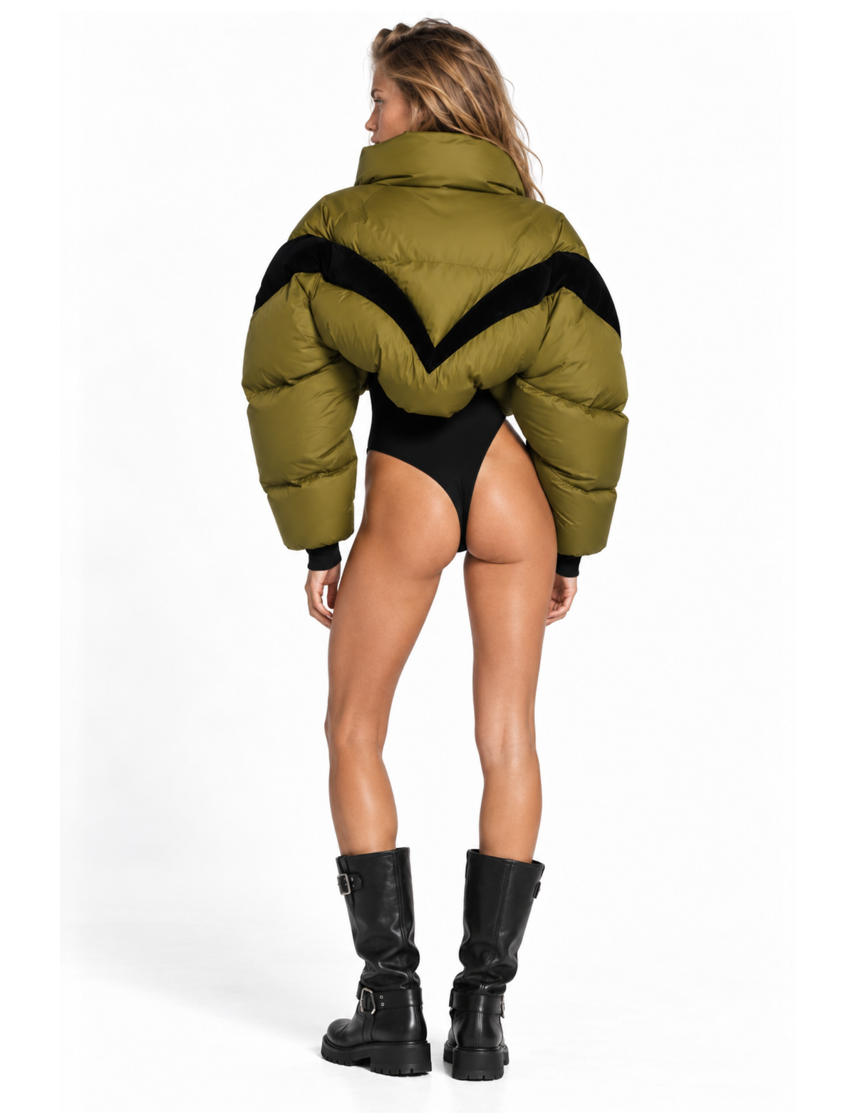 Olive green abstract puffer jacket with an asymmetrical quilted pattern and high collar