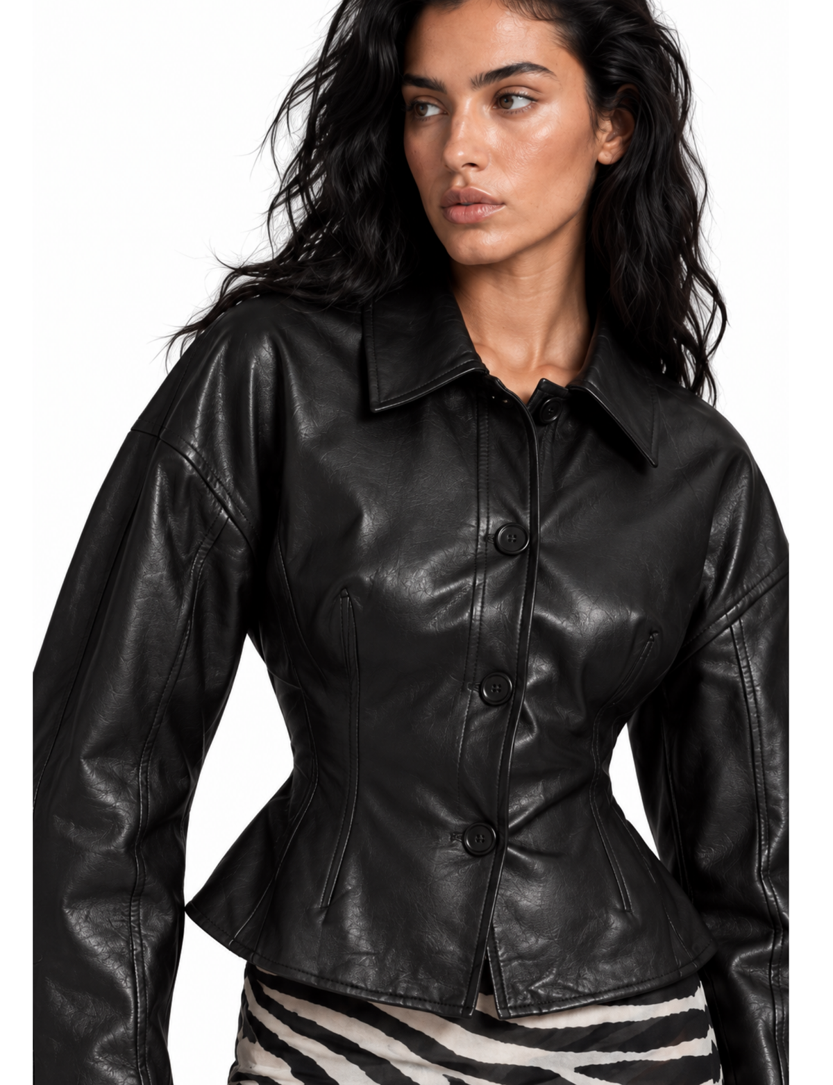 Black fitted cropped leather jacket with front button closures and a sharp collar.