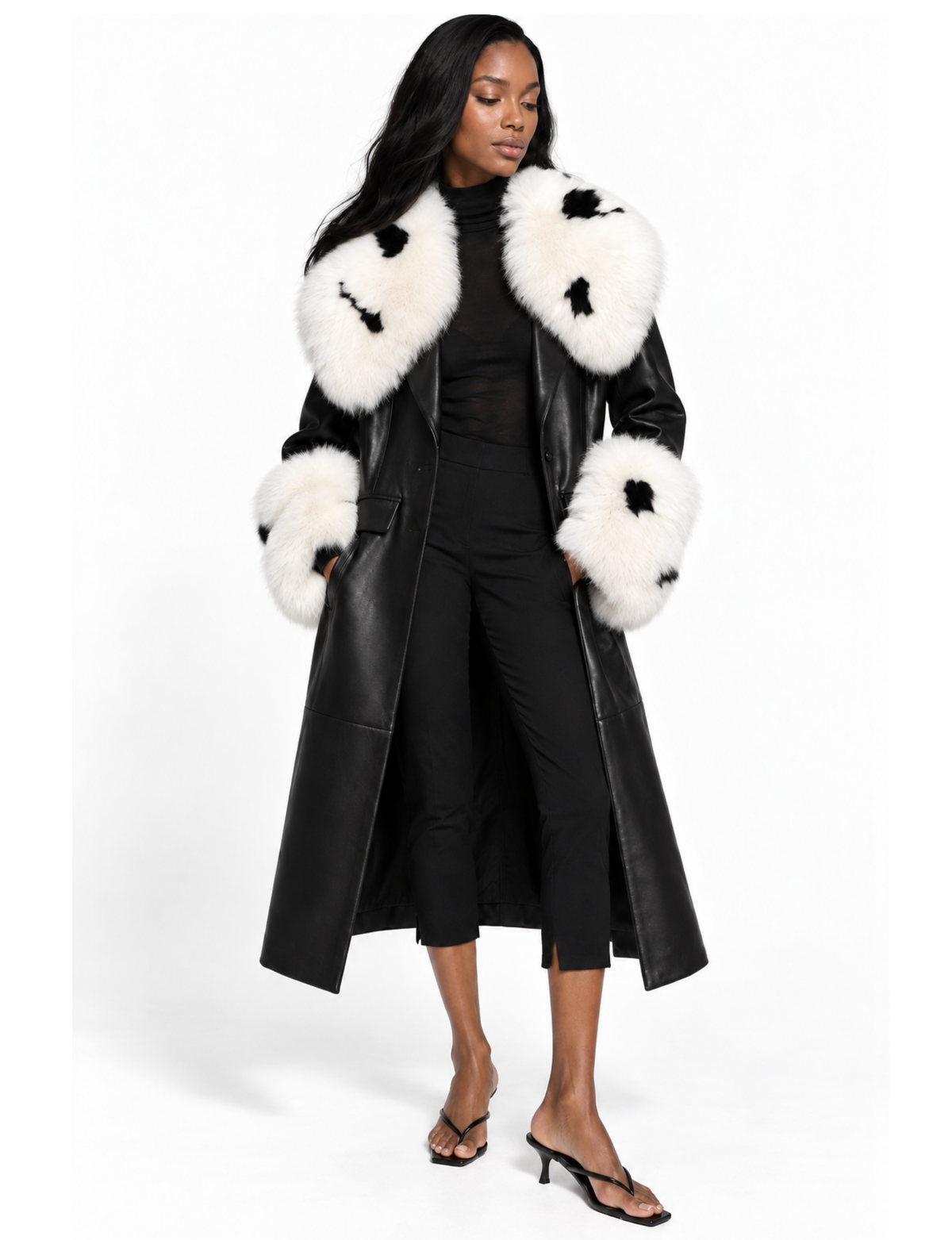 Black mid-length trench coat with a dramatic fluffy cream fur collar.