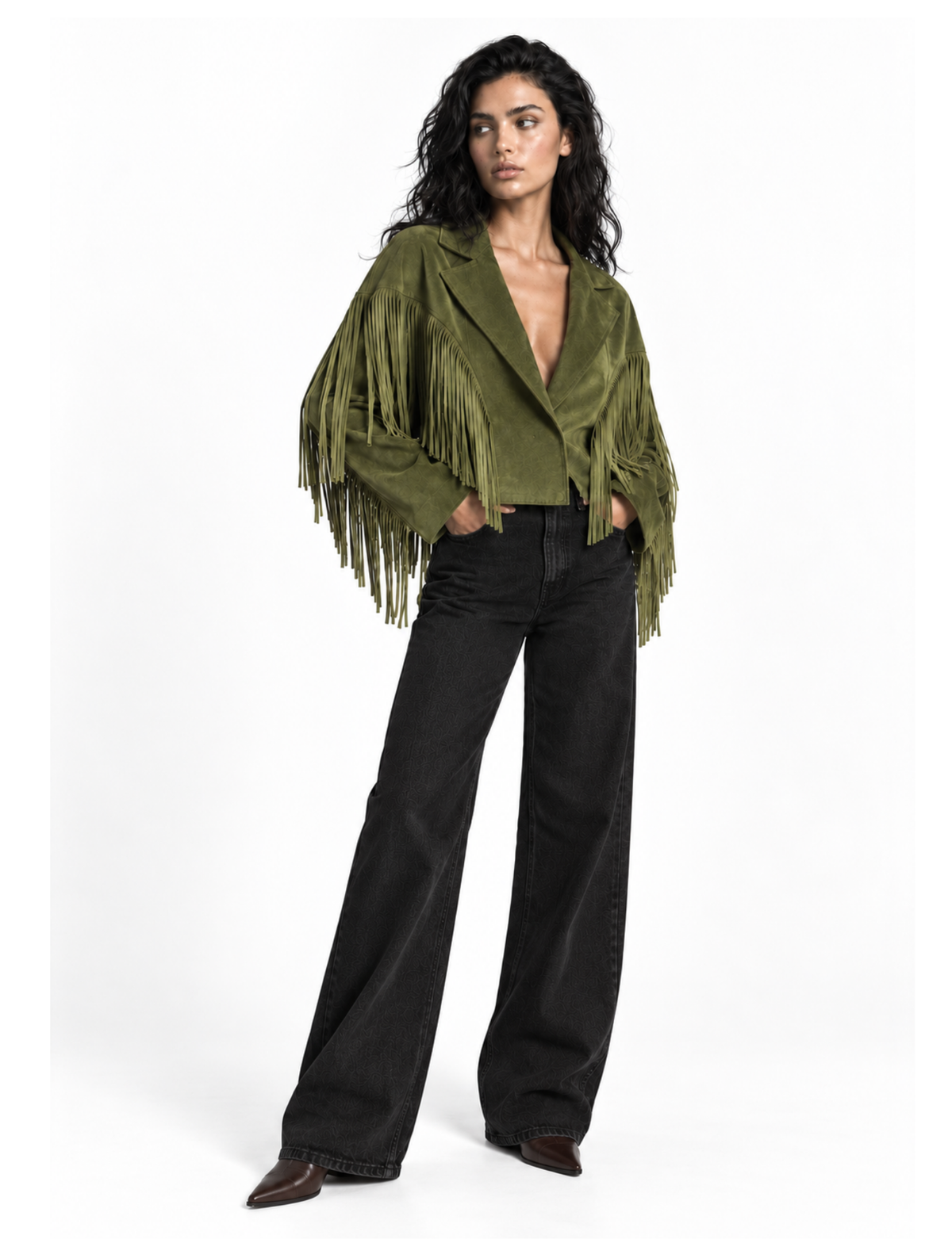 Emerald green faux suede Western jacket with fringe tassels 