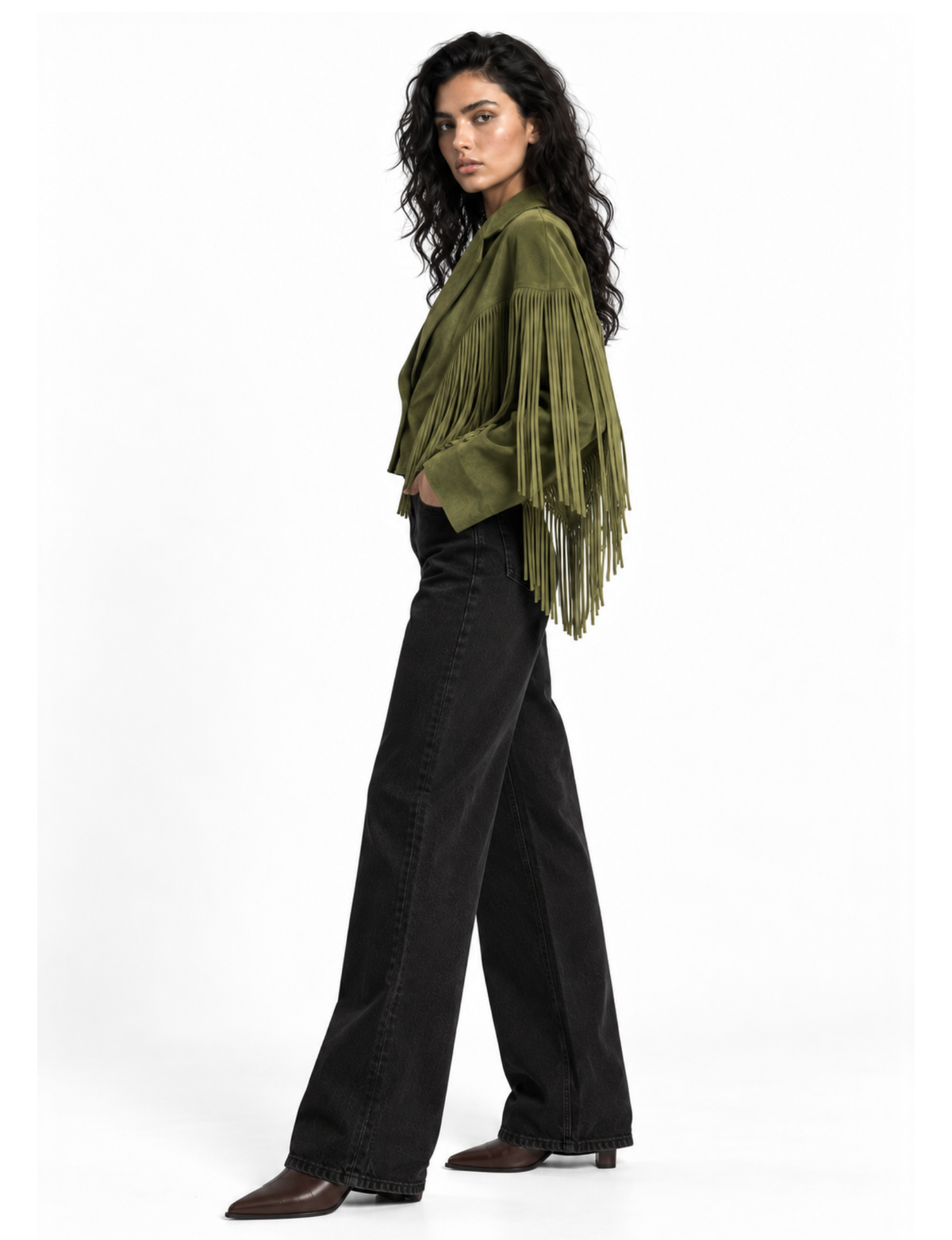 Emerald green faux suede Western jacket with fringe tassels 