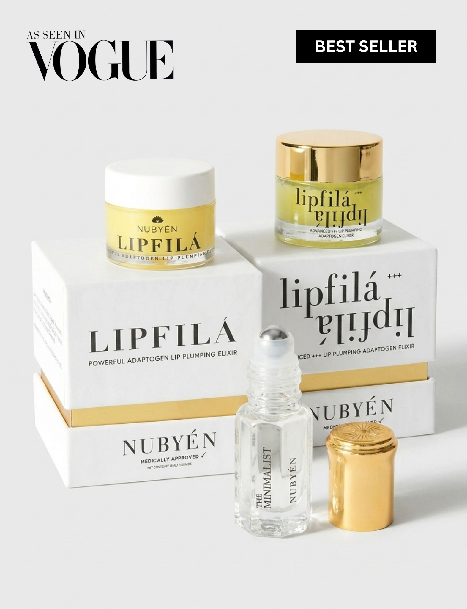 Nubyén Lipfila cosmetic set featuring a white cream jar with a gold lid, a clear roll-on bottle with a silver cap, and a gold cap, arranged in front of white and gold branded boxes on a light gray background.