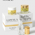 Nubyén Lipfila cosmetic set featuring a white cream jar with a gold lid, a clear roll-on bottle with a silver cap, and a gold cap, arranged in front of white and gold branded boxes on a light gray background.