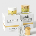 Nubyén Lipfilé cosmetic set featuring a white cream jar with a gold lid, a clear roll-on bottle with a silver cap, and a gold cap, arranged in front of white and gold branded boxes on a light gray background.